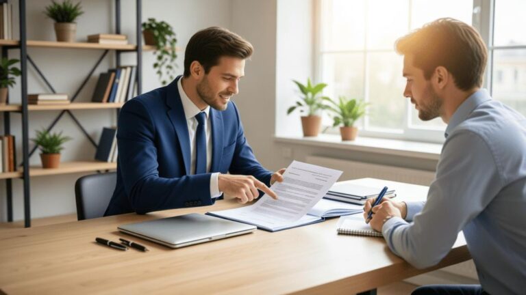 Advogado imobiliário orientando jovem cliente no escritório sobre compra de imóvel na Região dos Lagos.