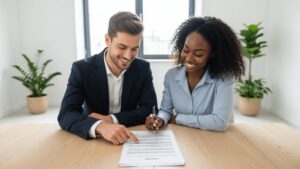 Casal jovem diversificado revisando documentos de compra de imóvel em escritório imobiliário moderno.