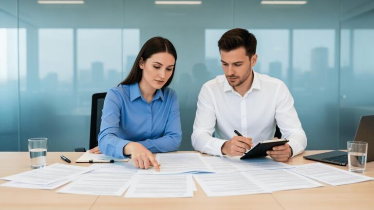 Casal diverso analisando documentos de compra de imóvel em um escritório moderno, representando segurança e colaboração.