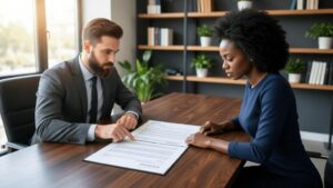 Casal diversificado analisando documento de compra de imóvel em escritório de corretor, representando segurança e confiança na aquisição.