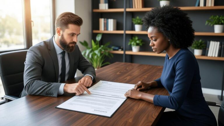 Casal diversificado analisando documento de compra de imóvel em escritório de corretor, representando segurança e confiança na aquisição.