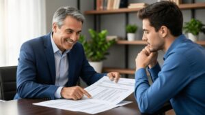 Cliente e advogado discutindo documentos de compra de imóvel em escritório moderno.