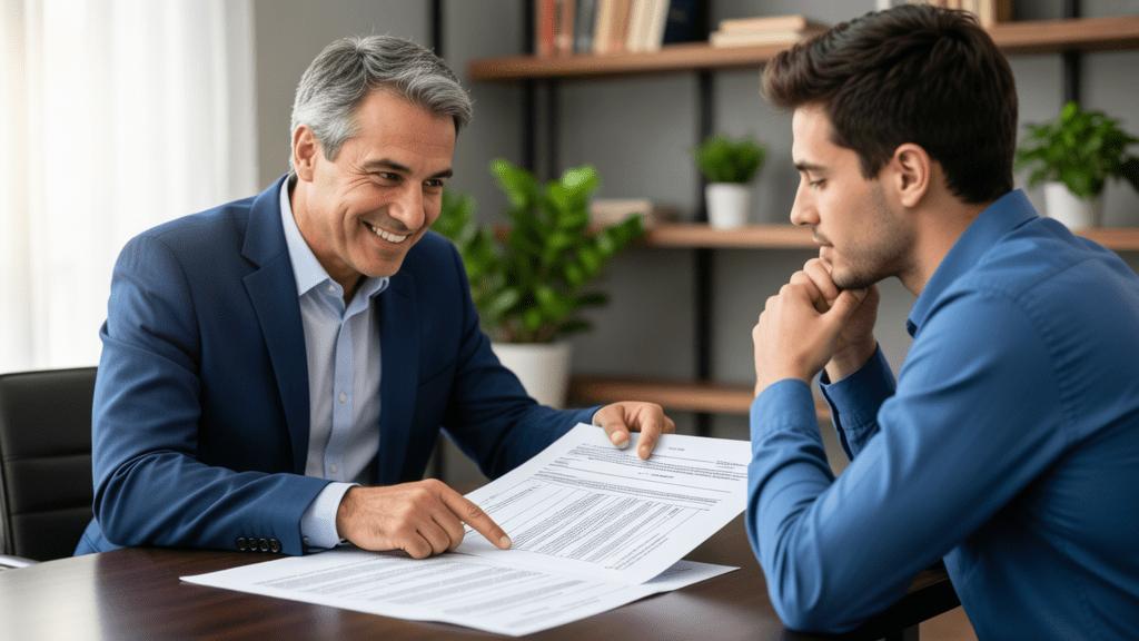 Cliente e advogado discutindo documentos de compra de imóvel em escritório moderno.