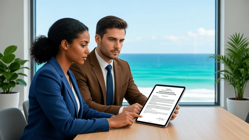 Casal diversificado revisando documentos para a compra de imóvel em escritório com vista para o mar.